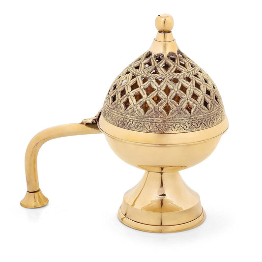 Brass Dhuna Loban Burner, Round Dhooni Dhoop Dani Incense Burner,Table-Top Brass Incense Holder for Loban, Elegant and Traditional Dhoop Dani for Purifying Home